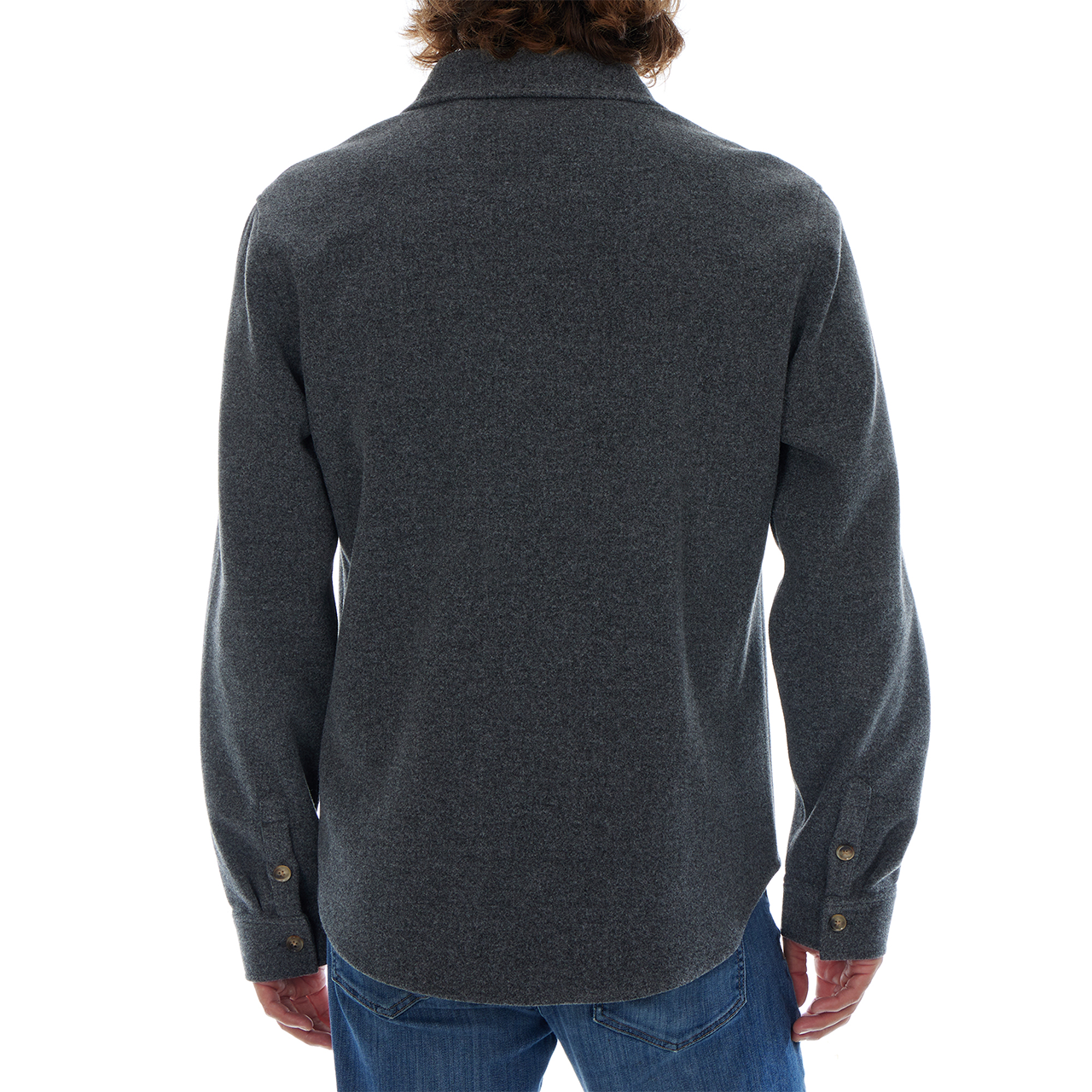 Person wearing a dark gray shirt with long sleeves on a white background