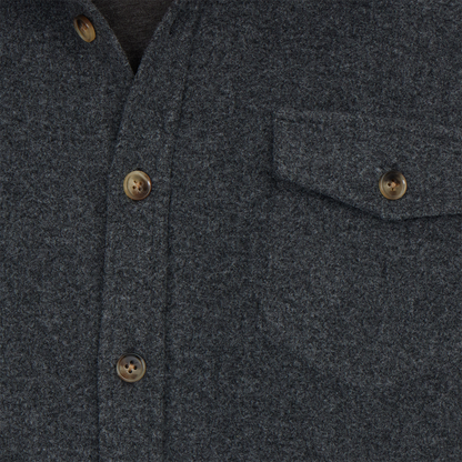 Close-up of a dark gray textured shirt with buttons