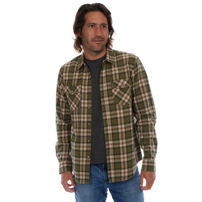 Man wearing a green and beige plaid shirt on a white background