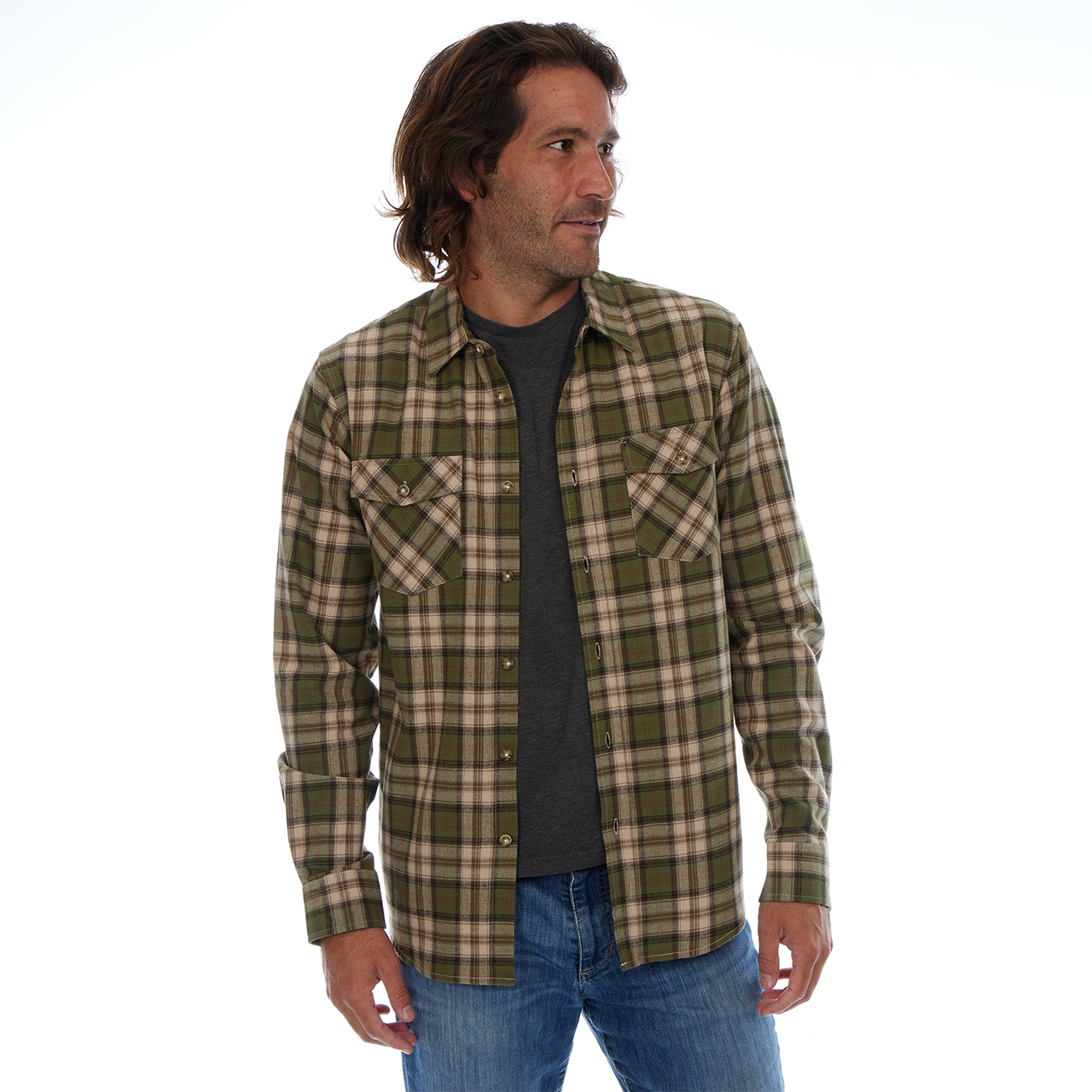 Man wearing a green and beige plaid shirt on a white background