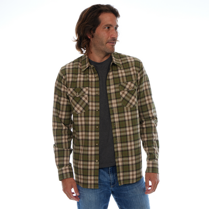 Man wearing a green and beige plaid shirt on a white background