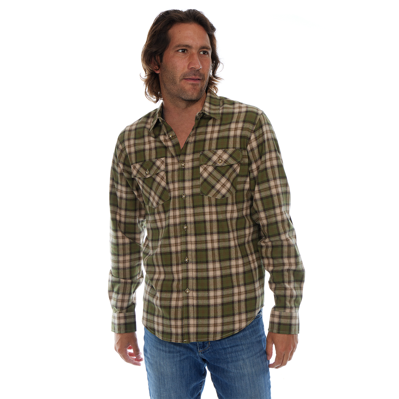 Man wearing a green and beige plaid shirt on a white background