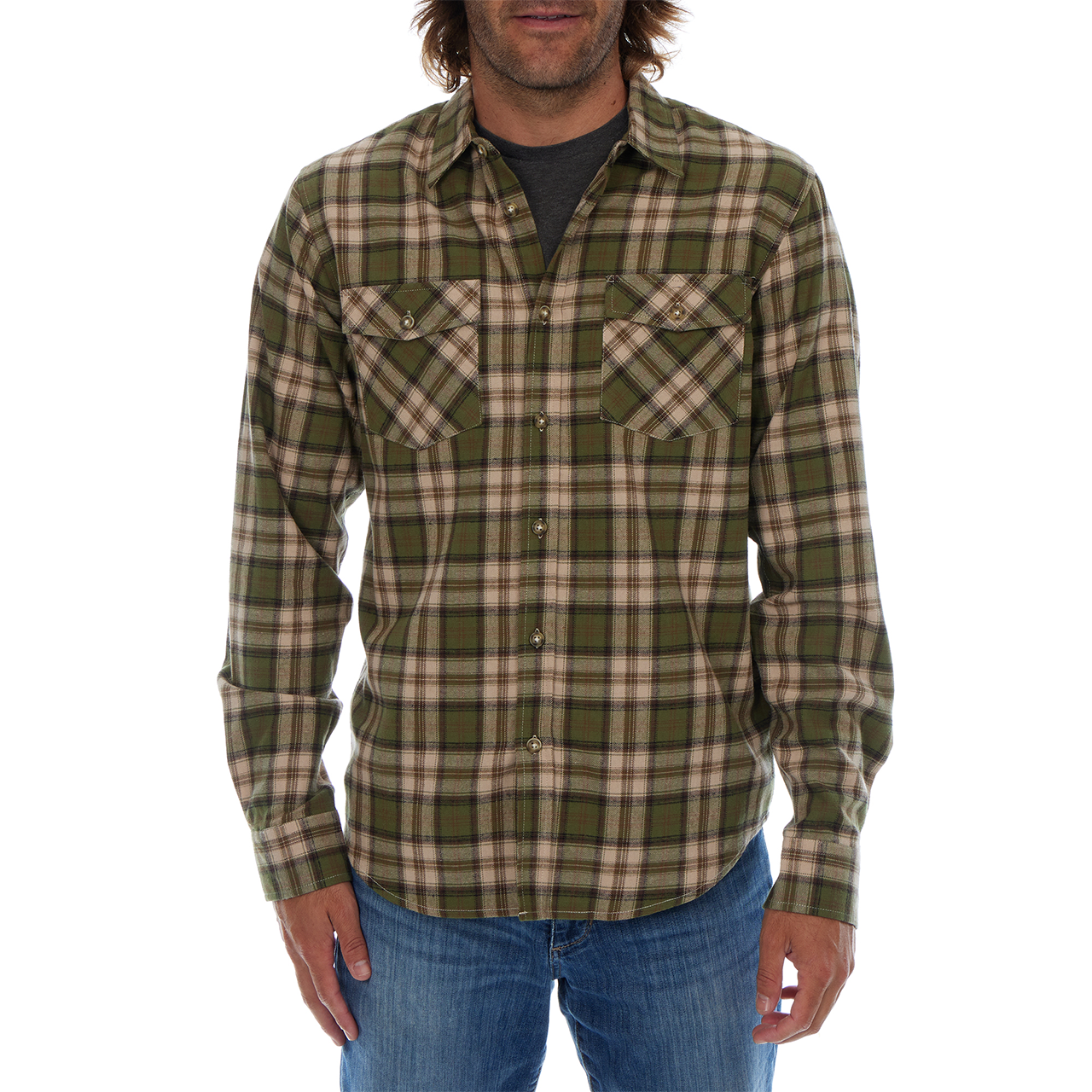 Man wearing a green and beige plaid shirt on a white background