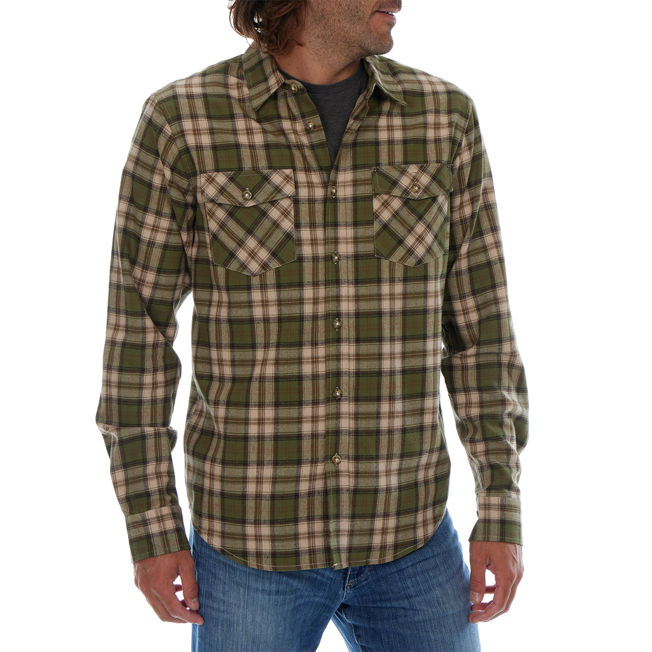 Man wearing a green and beige plaid shirt on a white background