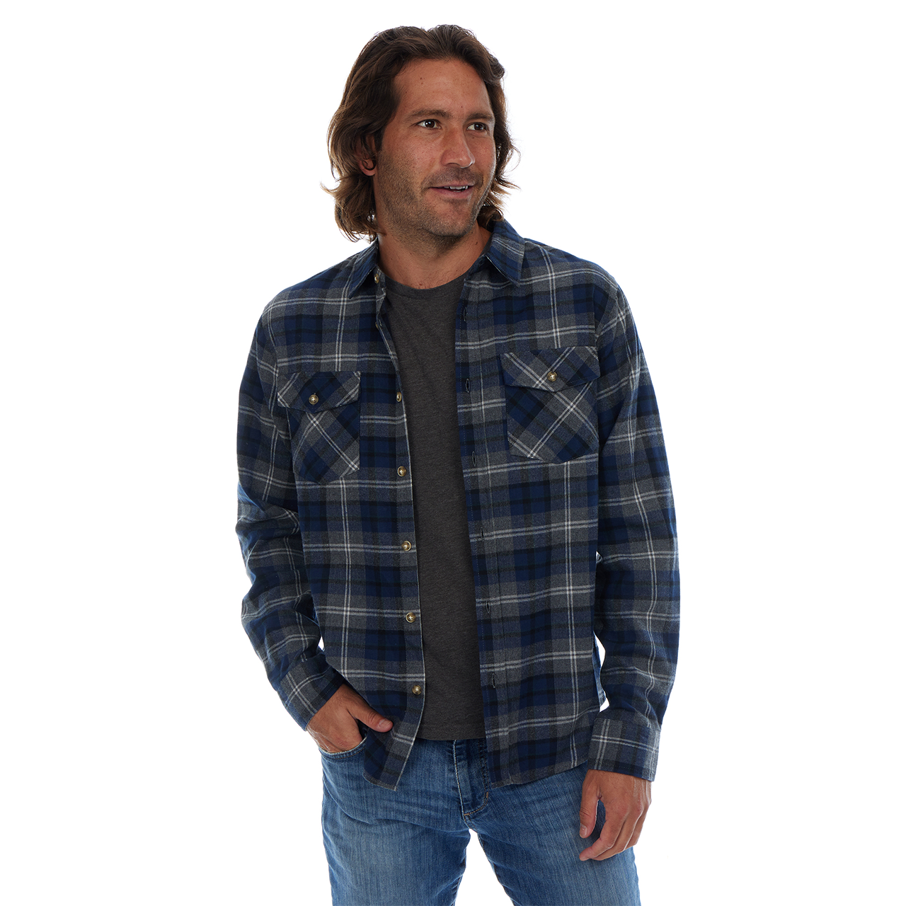 Man wearing a blue plaid shirt and jeans on a white background