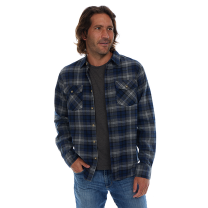 Man wearing a blue plaid shirt and jeans on a white background