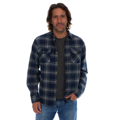 Man wearing a blue plaid shirt over a gray t-shirt on a white background