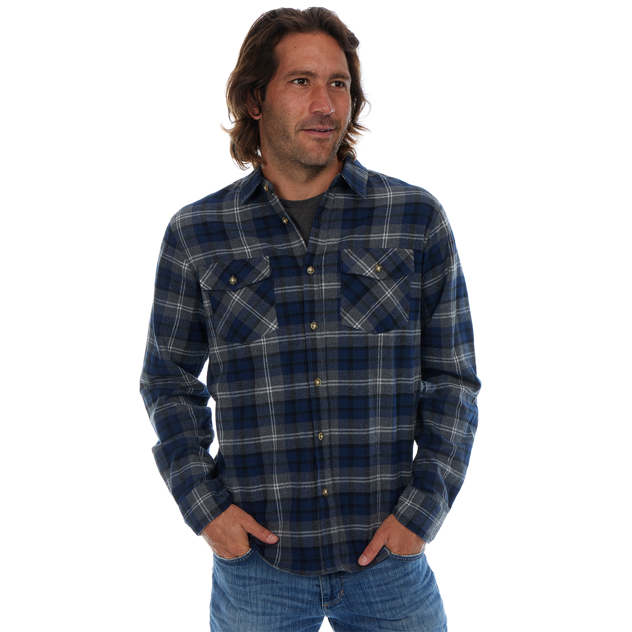 Man wearing a blue plaid shirt on a white background