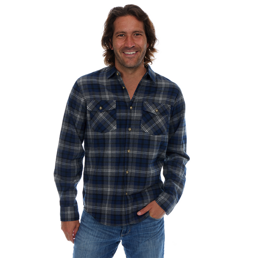 Man wearing a blue plaid shirt and jeans on a white background