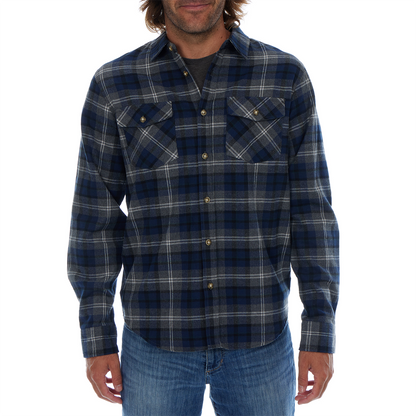 Man wearing a blue plaid shirt with a white background