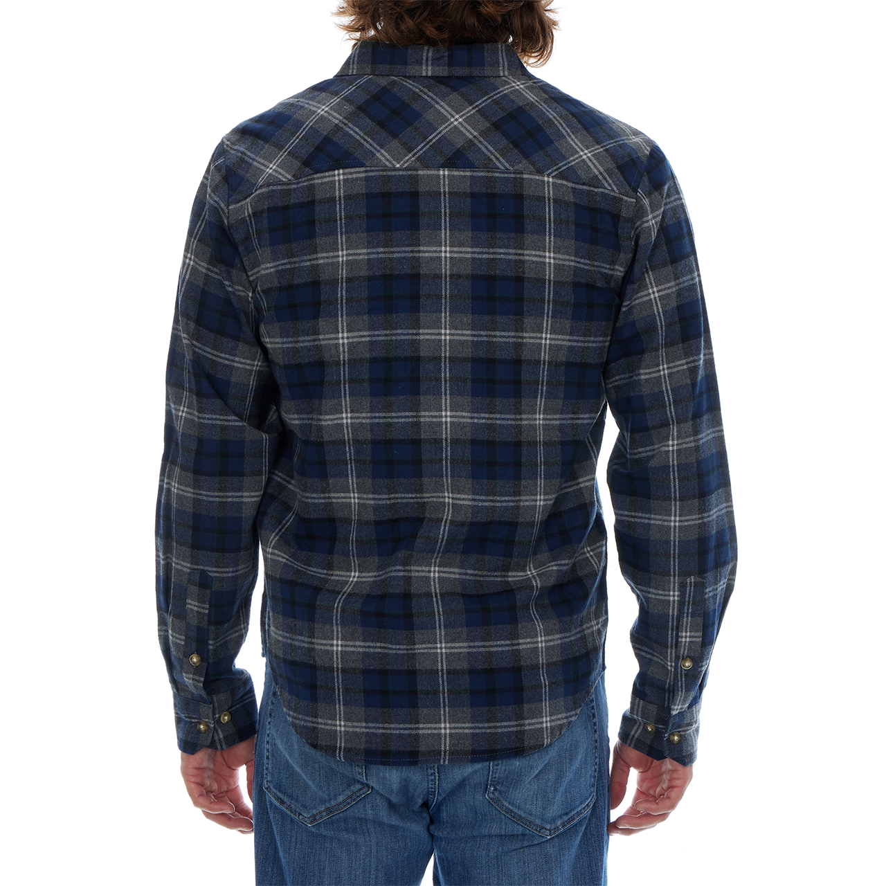 Person wearing a blue plaid shirt and jeans on a white background