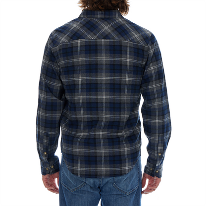 Person wearing a blue plaid shirt and jeans on a white background