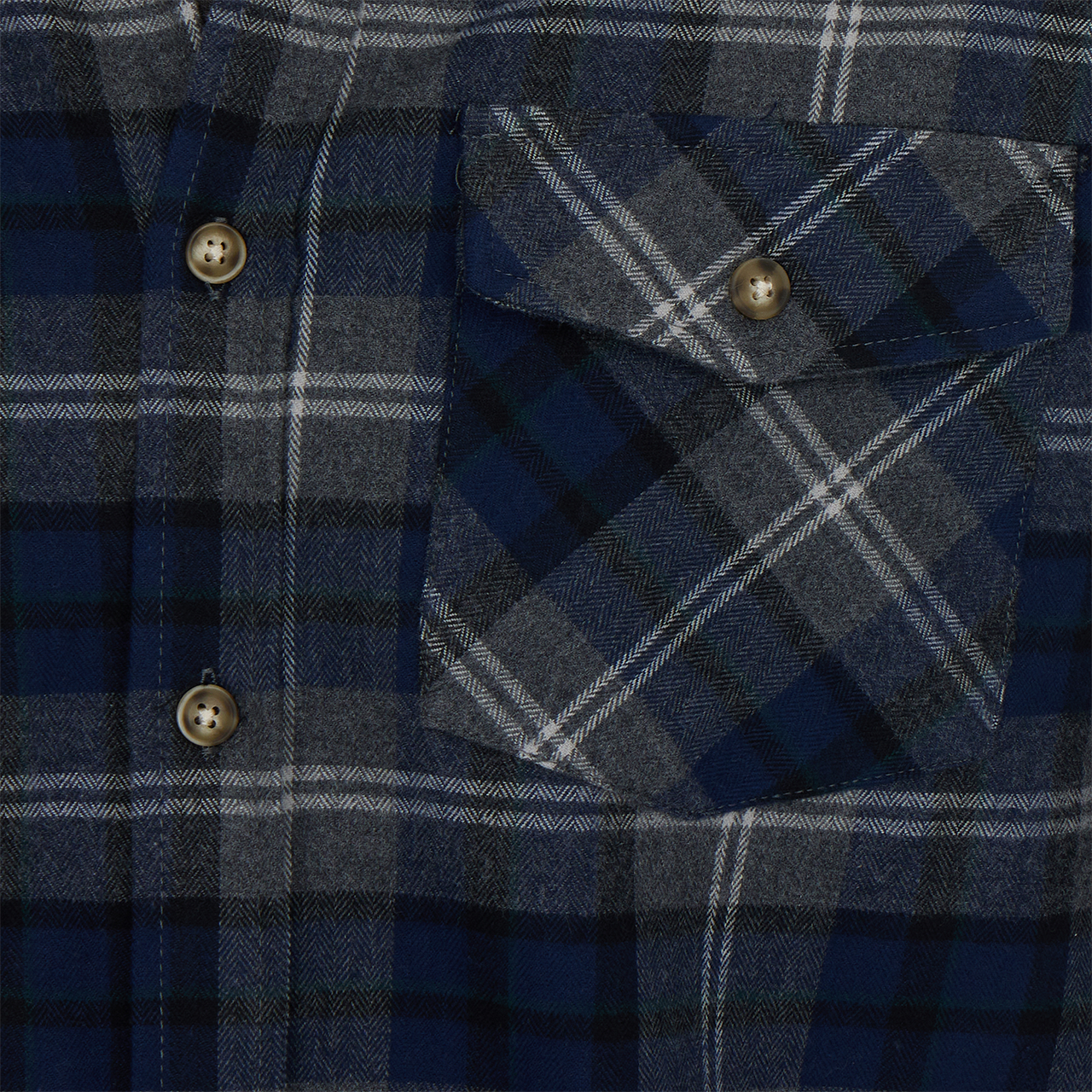 Close-up of a blue and gray plaid shirt with buttons