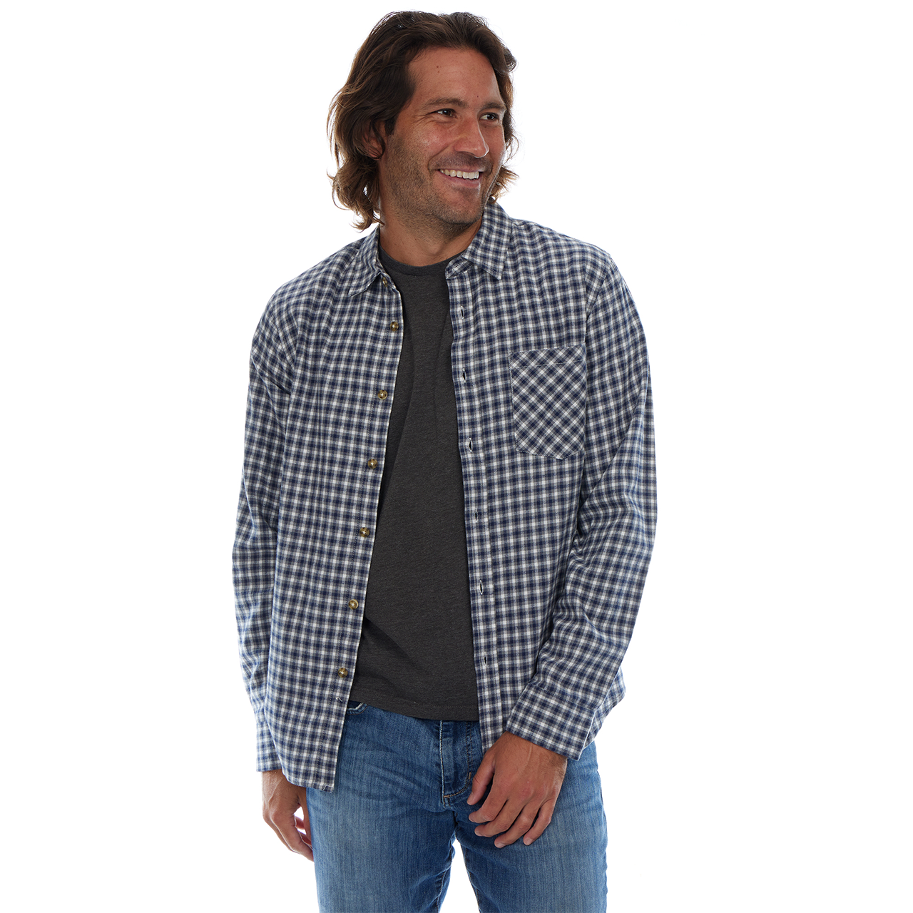 Man wearing a blue and white checkered shirt over a black t-shirt on a white background