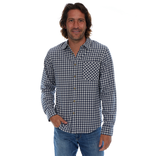 Man wearing a blue and white checkered shirt on a white background