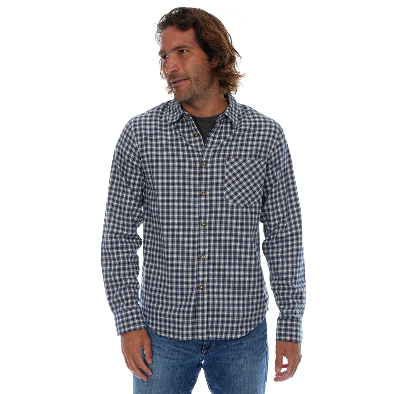 Man wearing a blue and white checkered shirt on a white background