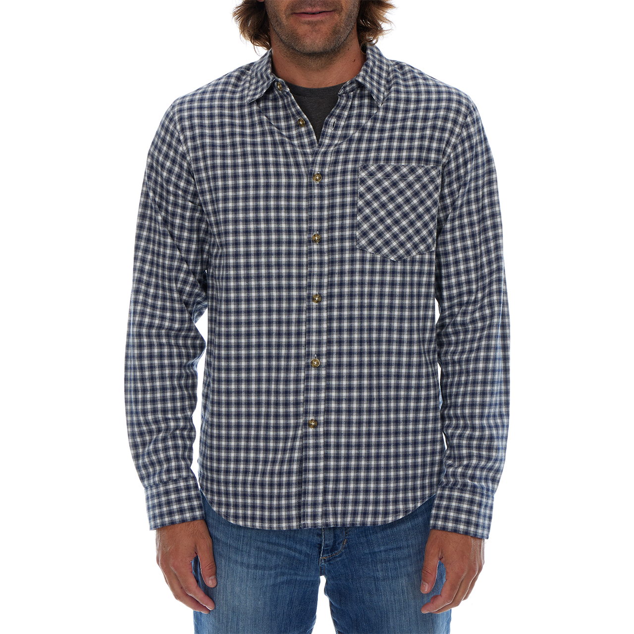 Man wearing a blue and white checkered shirt on a white background