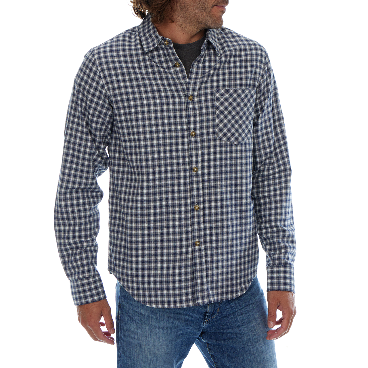 Man wearing a blue and white checkered shirt with long sleeves on a white background