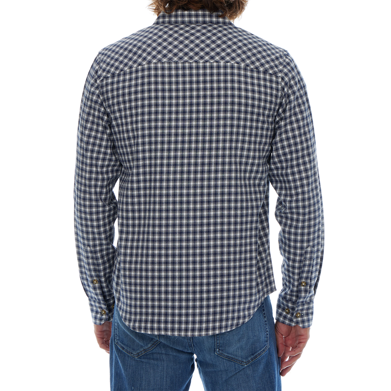 Person wearing a blue and white checkered shirt on a white background