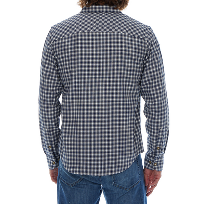 Person wearing a blue and white checkered shirt on a white background