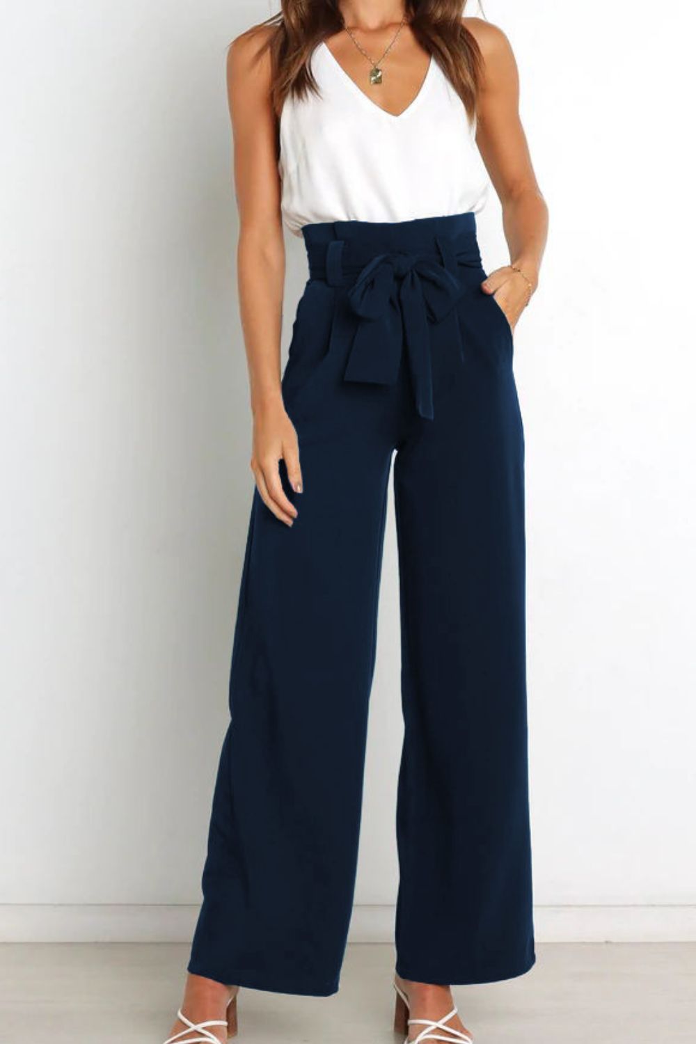 Tie Front Wide Leg Women's Pants blue