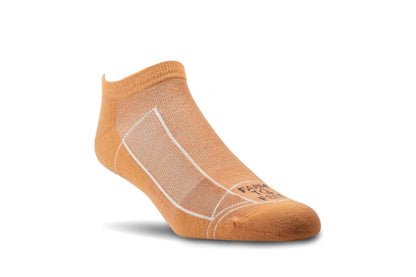 Orange sock with white accents on a white background