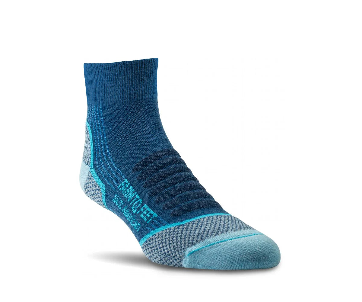 Blue and gray sock with brand logo on a white background