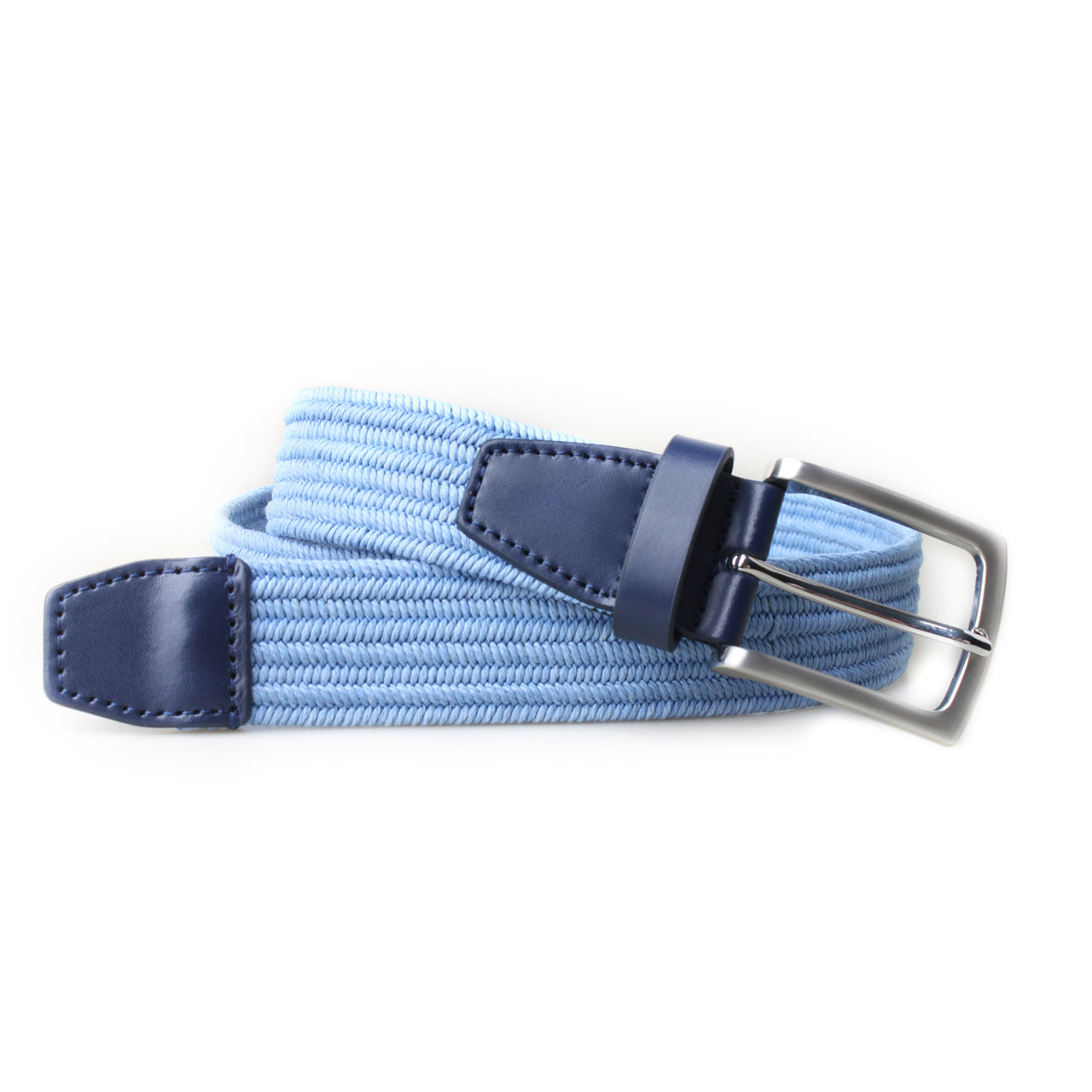 A light blue woven elastic belt with dark navy blue leather accents and a silver-tone metal buckle, shown on a plain white background.