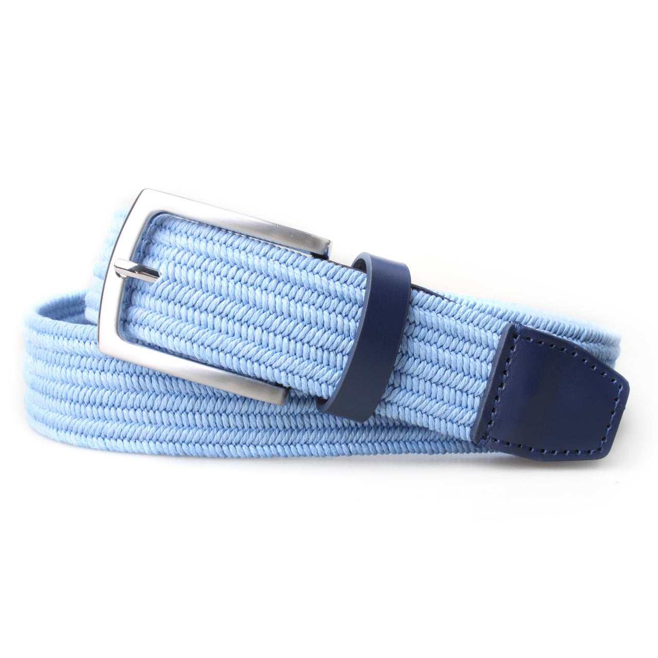 A light blue woven elastic belt with a navy blue leather tip and a silver metal buckle, shown on a plain white background.