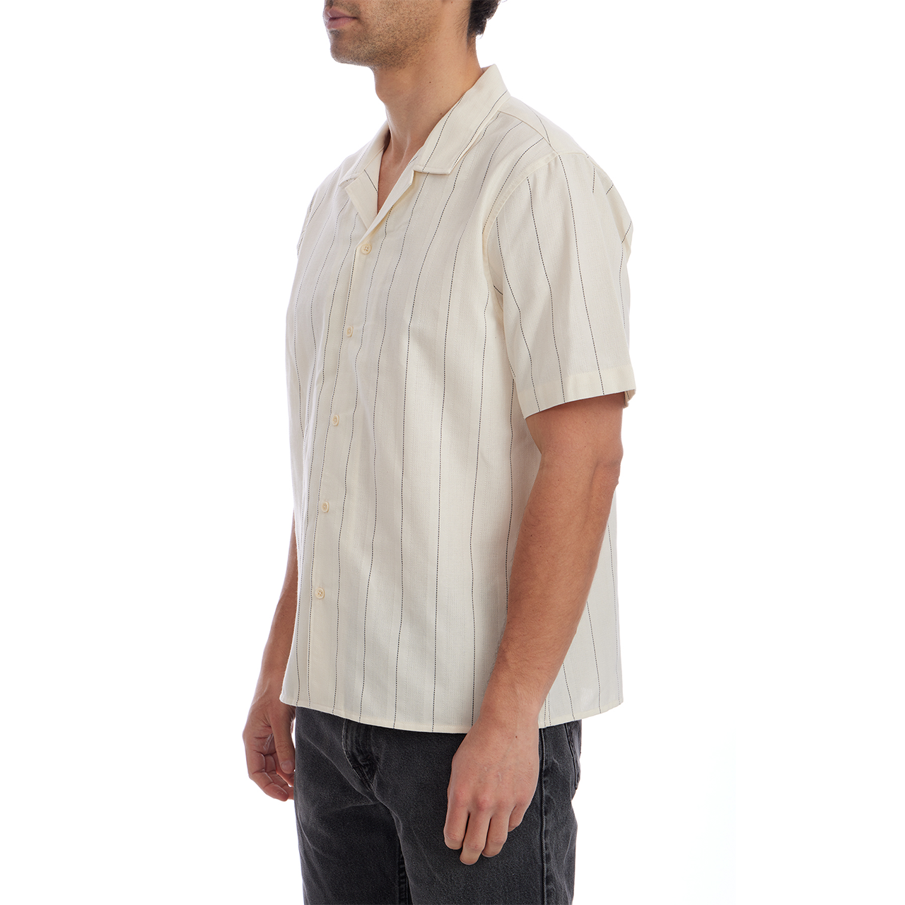 Man wearing a beige striped shirt on a white background