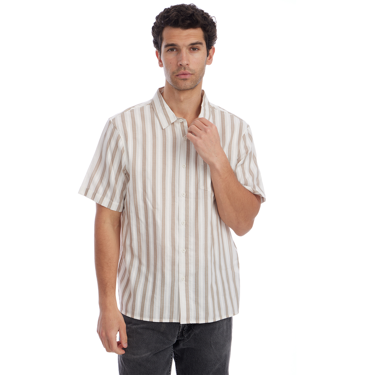 Man wearing a striped shirt on a white background