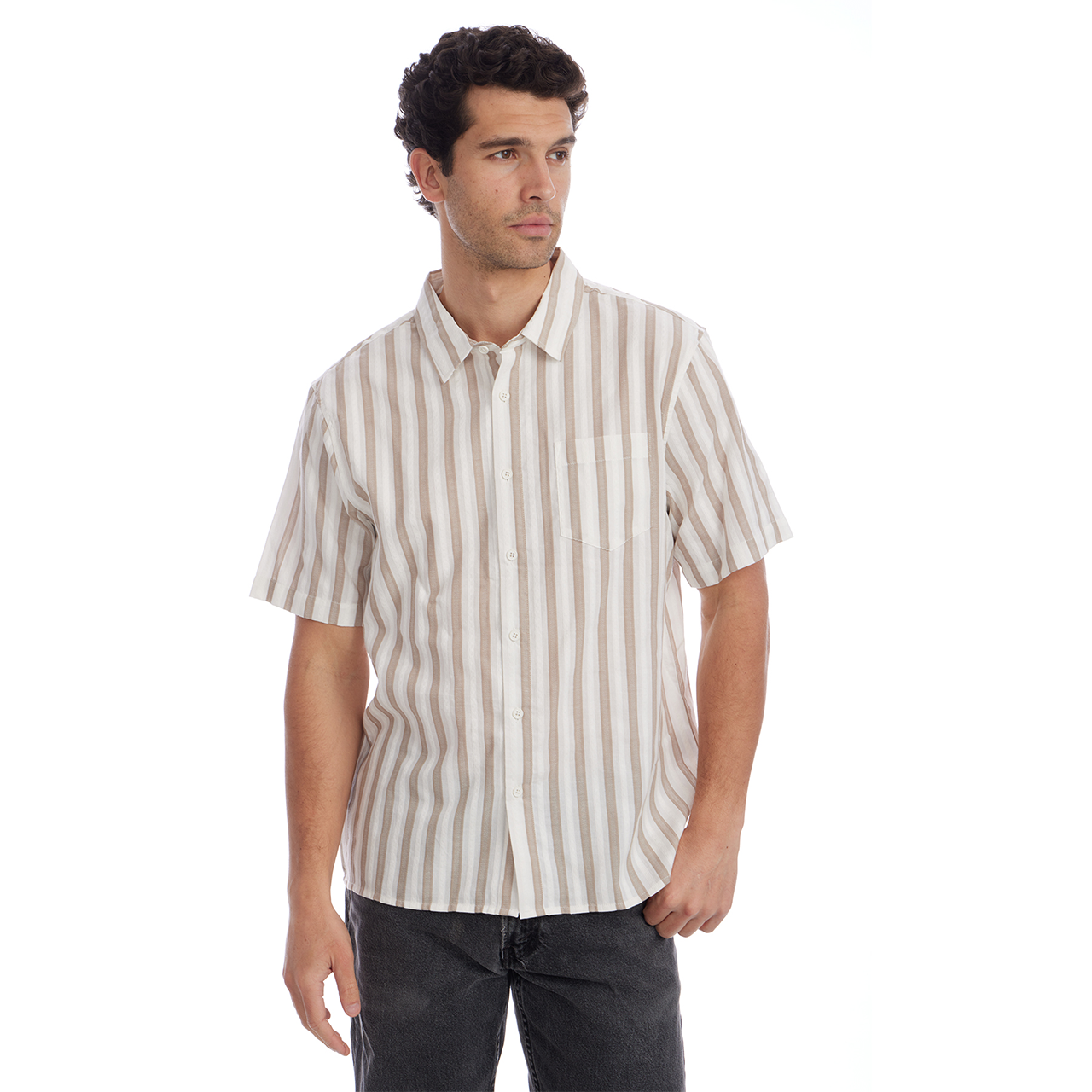 Man wearing a striped shirt on a white background