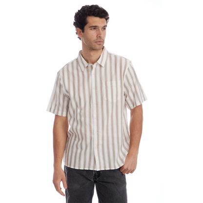 Man wearing a striped shirt on a white background