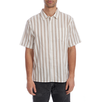 Man wearing a short-sleeve, button-up shirt with beige and white vertical stripes on a white background.