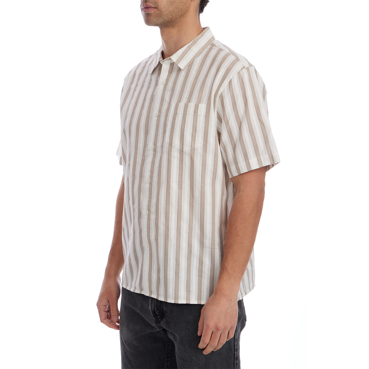 Man wearing a beige and white striped shirt on a white background