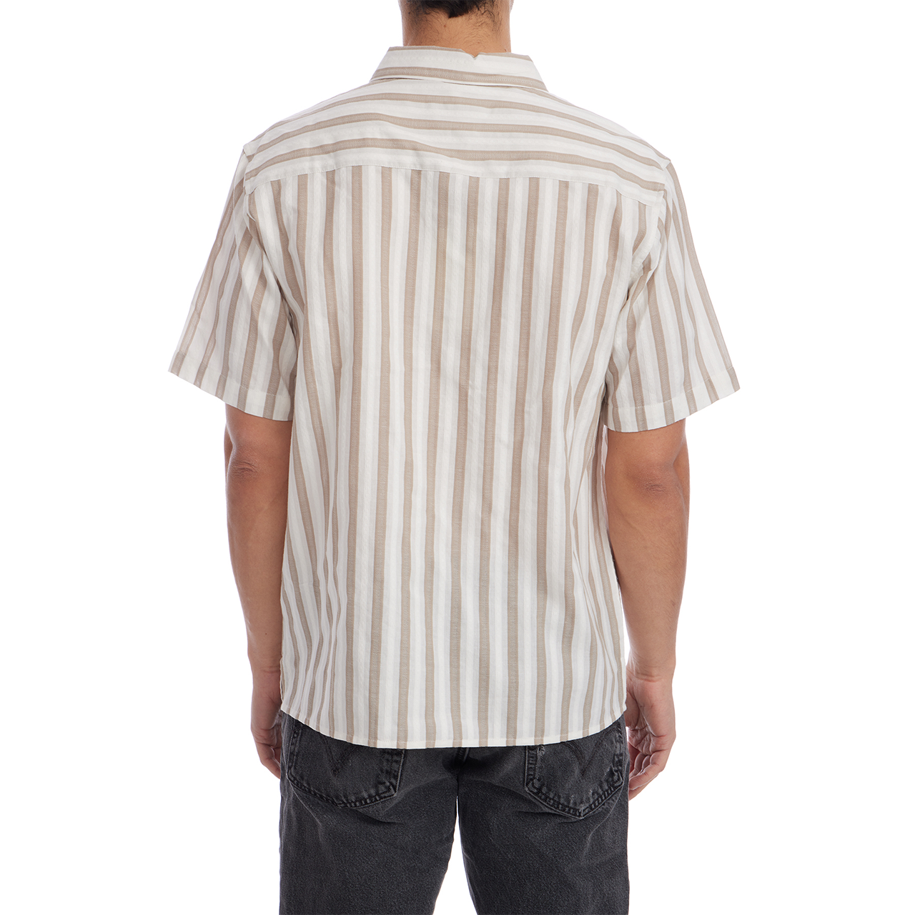 Person wearing a striped shirt on a white background
