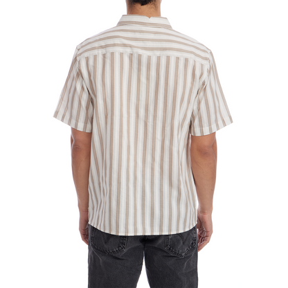 Person wearing a striped shirt on a white background