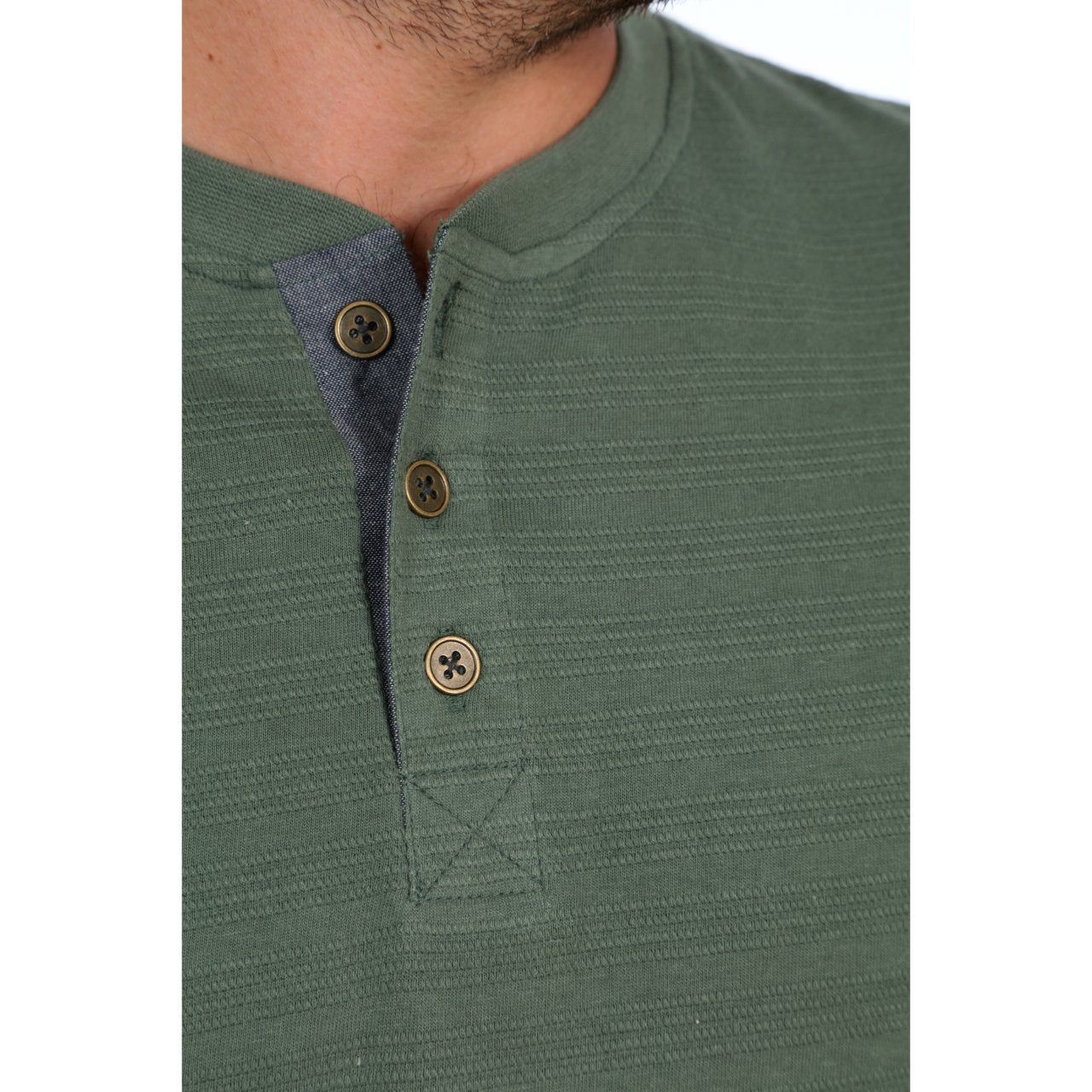 Olive Green Long Sleeve Henley for Men close up of collar