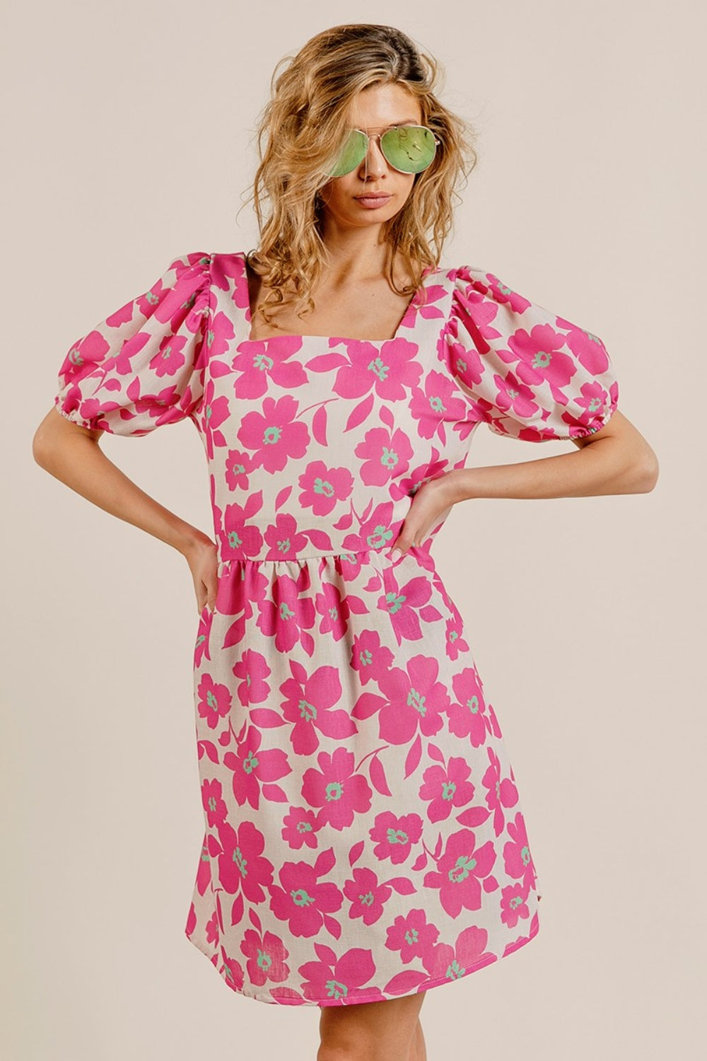 Printed Square Neck Puff Sleeve Pink Mini Dress