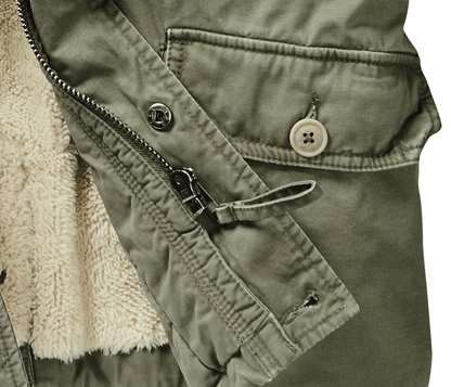 Brandit Sherpa-lined Military Jacket close up of zipper olive green