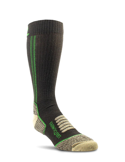 Black and green sock with brand logo on a white background