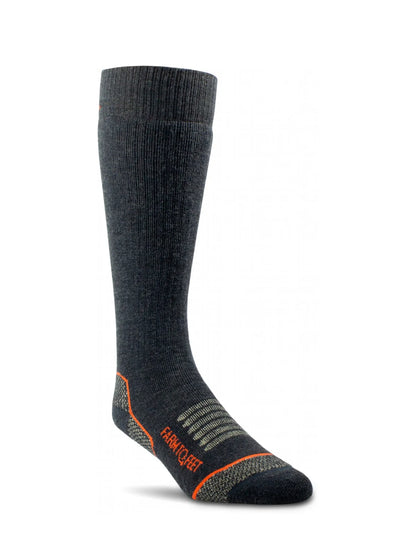 Knee-high sock with orange accents on a white background