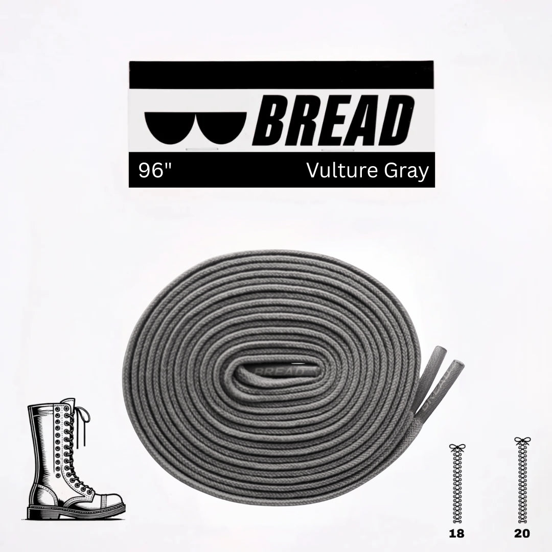 Gray shoelace with 'BREAD' branding and product details on a white background