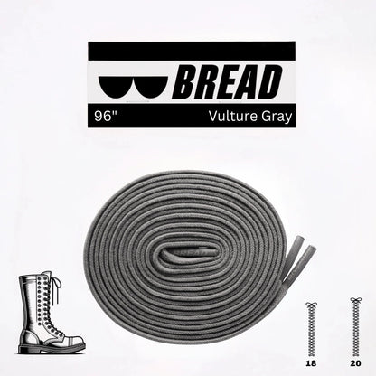 Gray shoelace with 'BREAD' branding and product details on a white background