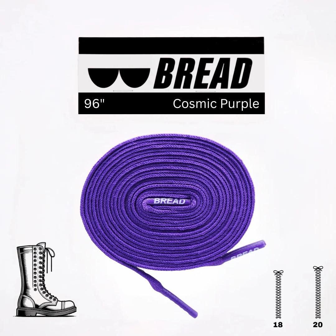 Purple shoelaces with 'BREAD' branding on a white background