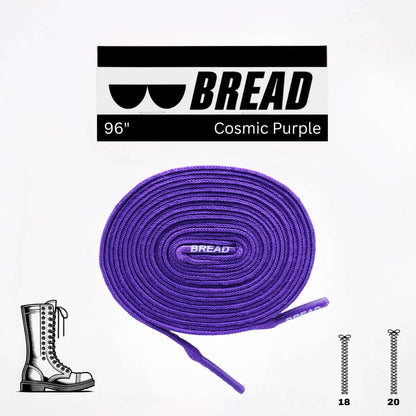 Purple shoelaces with 'BREAD' branding on a white background