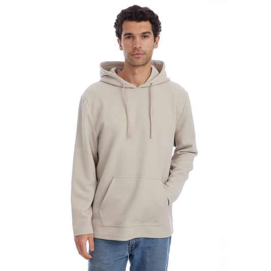 Man wearing a beige hoodie on a white background