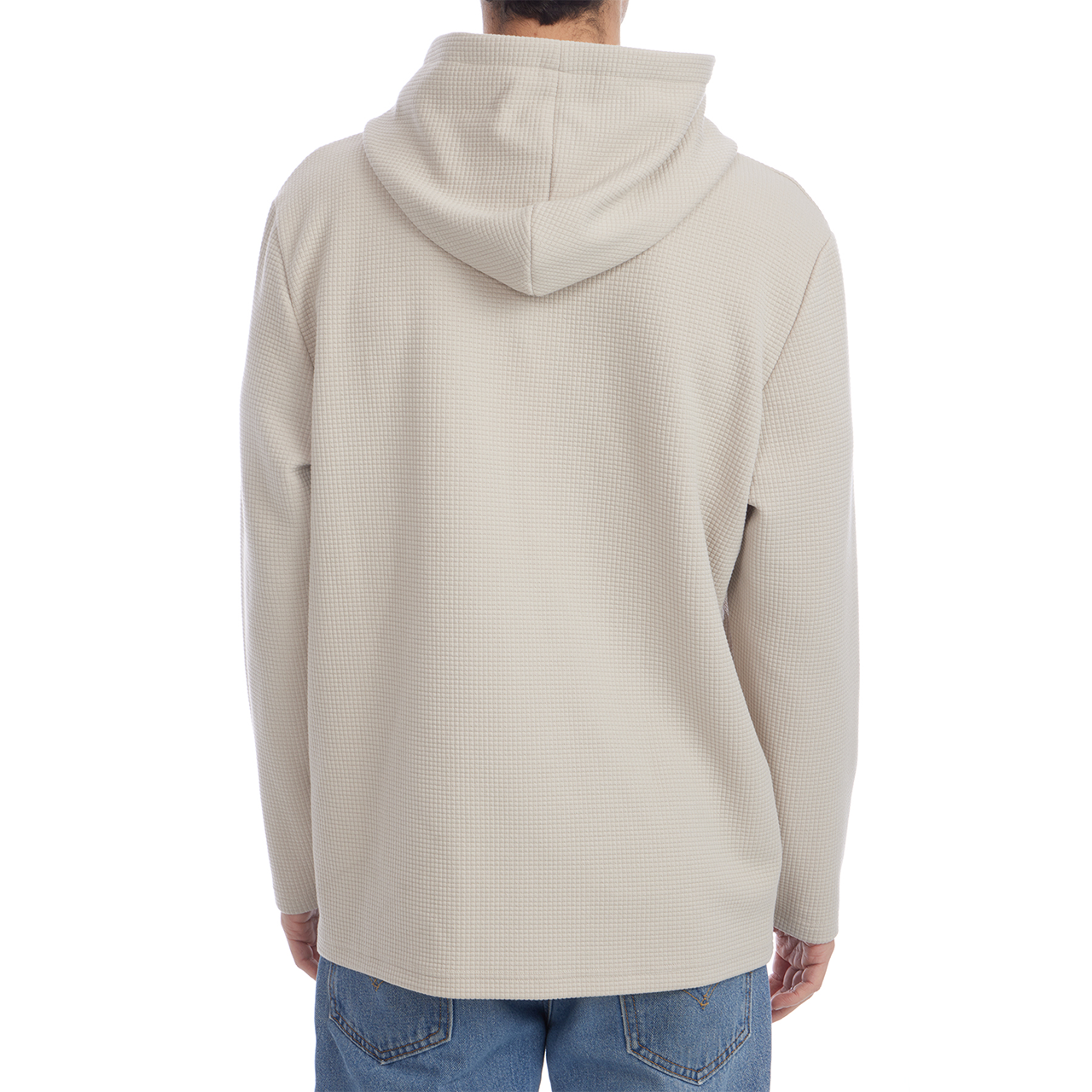 Beige hoodie worn by a person on a white background