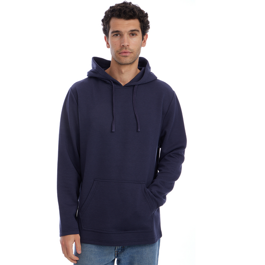 Man wearing a navy blue hoodie on a white background