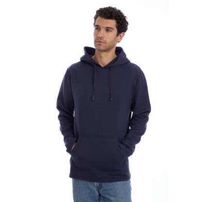 Man wearing a navy blue hoodie on a white background